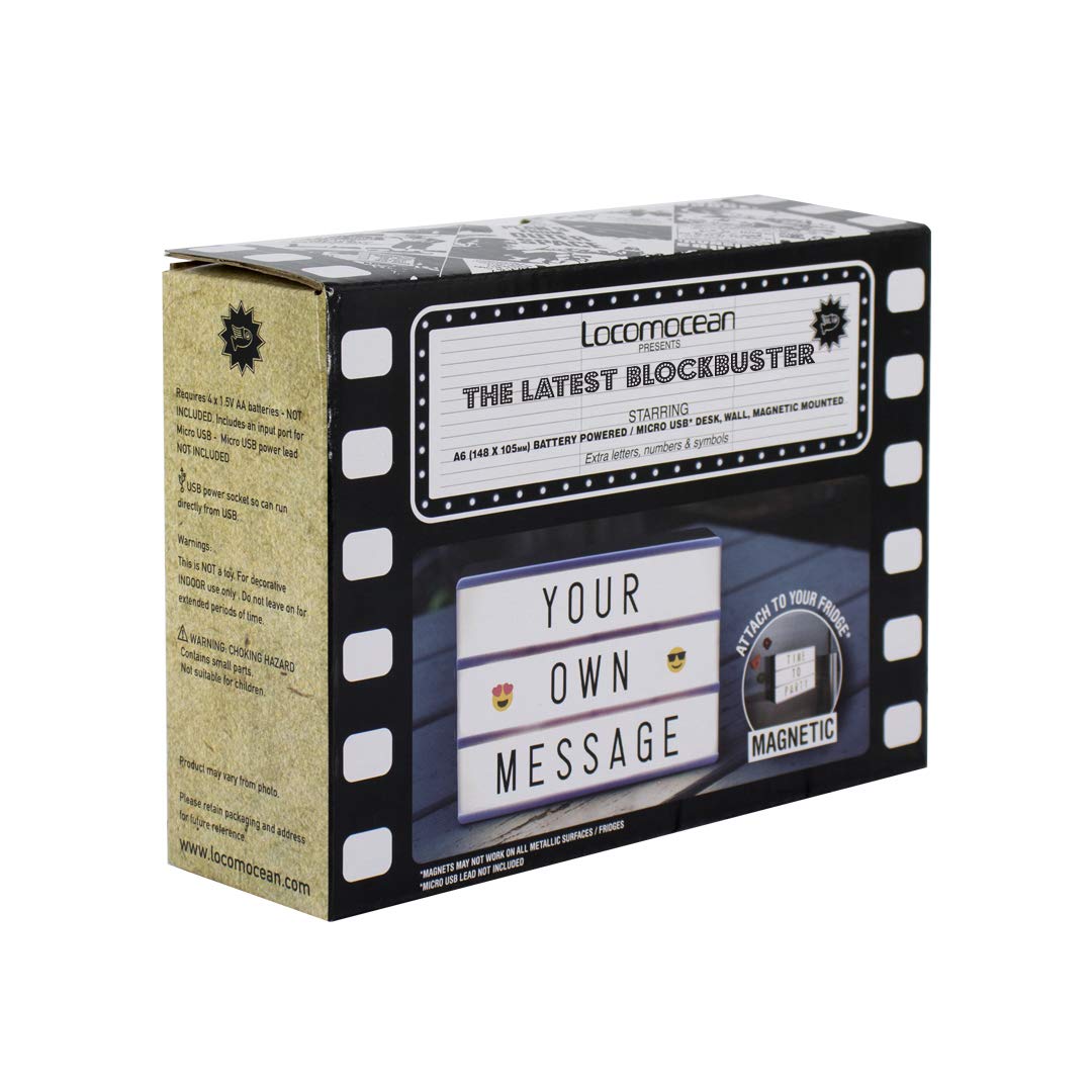 Black Mini A6 Magnetic Cinematic Light Box with 82 Characters and 10 Emojis, USB Power or Battery Operated