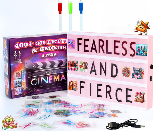New! Pink Cinema Light Box (2025)! Create Fun Messages w/ 3 Markers 5 Banners & 425 Letters Numbers & Emojis Using Next-gen AI Images. USB or Battery Powered—Perfect for Girls of All Ages